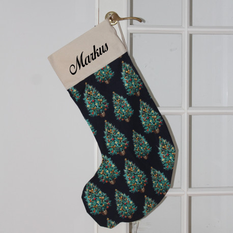 Julesok med julestræer og navn på