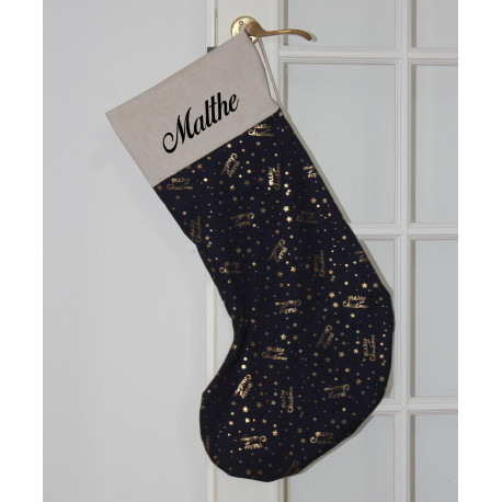 Mørkeblå julesokmed guld tekst og navn på