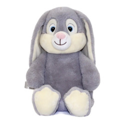 Blød kaninbamse i grå og cremehvid med personlig tekst