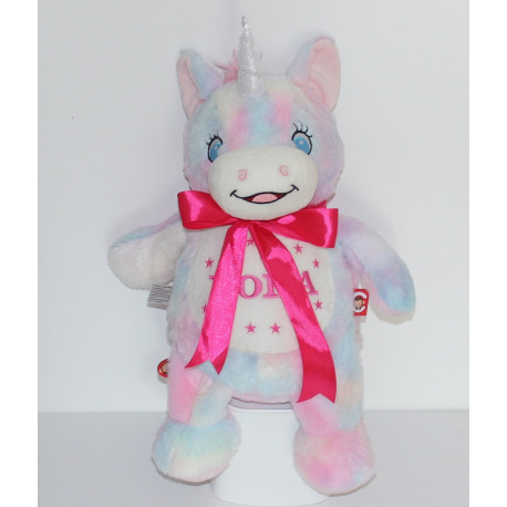 Stribet enhjørning bamse med navn på maven