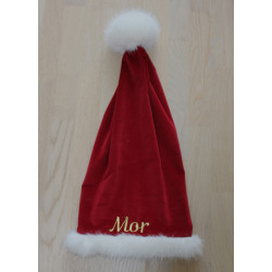 Rød luksus velour nissehue med lille pelskant og navn