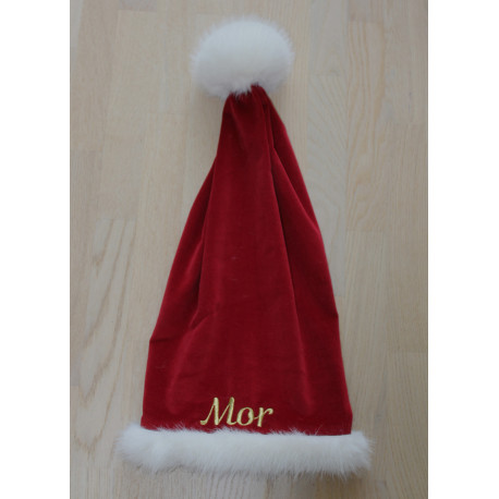 Rød luksus velour nissehue med lille pelskant og navn