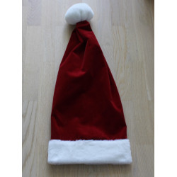 Rød luksus velour nissehue med pelskant og navn