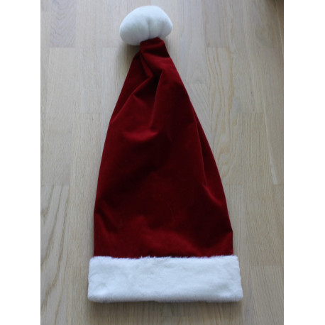 Rød luksus velour nissehue med pelskant og navn