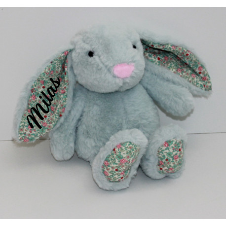 Lyseblå kanin bamse med blomster og navn