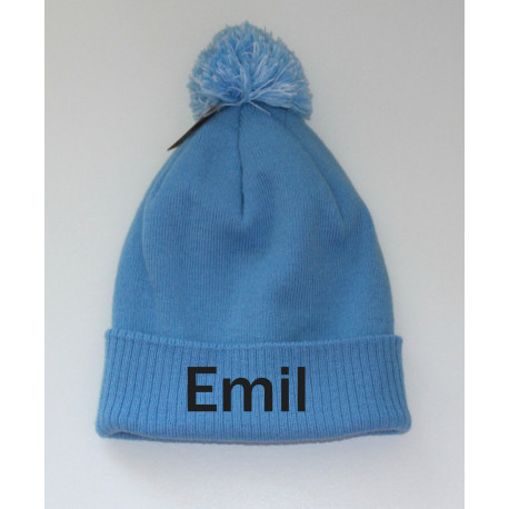 Lyseblå hue med navn og kvast