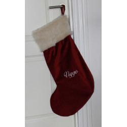 Julestrømpe i luksus velour med lya pels og navn