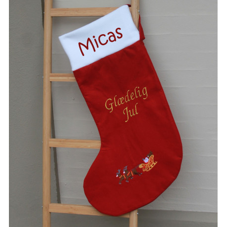 Flot nissesok med julemand, kane og rensdyr broderet