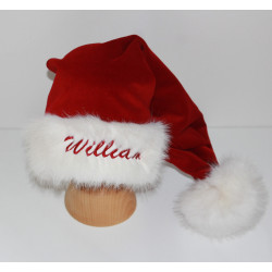 Rød velour nissehue med lang pels og navn