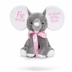 Søde detaljer på elefantbamse med broderet tekst