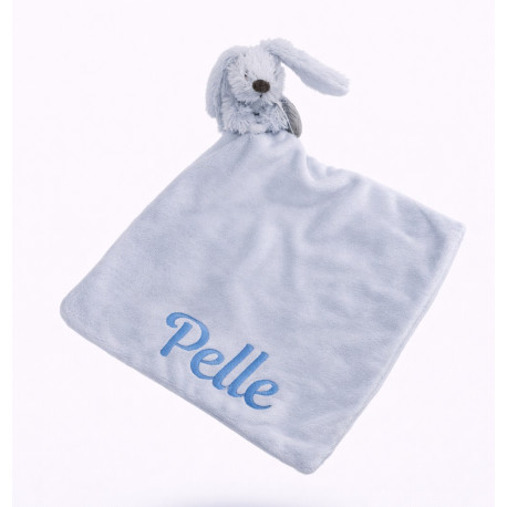 Happy Horse lyseblå sutteklud med kanin og navn på.