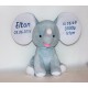 Cubbies bamse elefant med navn og fødselsdato på ørene.